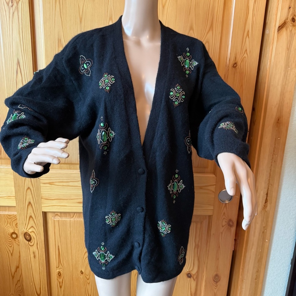 Fenn Wright Mason Lambswool Angora Black Sweater Cardigan M Embellished Beads